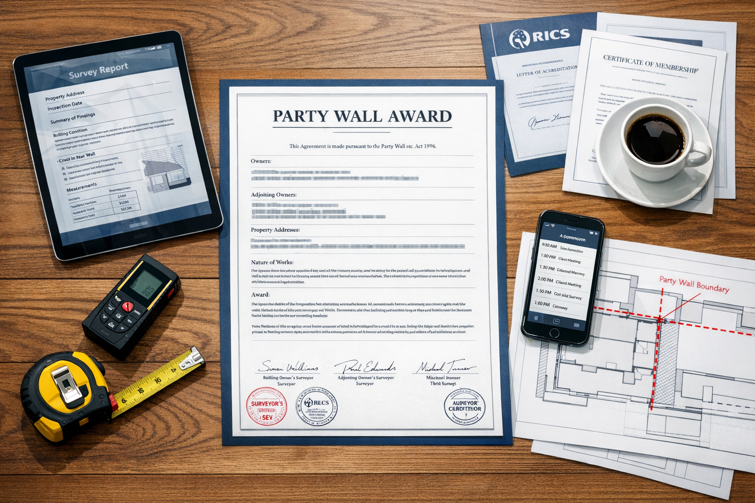 () professional documentation and compliance scene showing modern surveyor's desk from overhead perspective: centered large