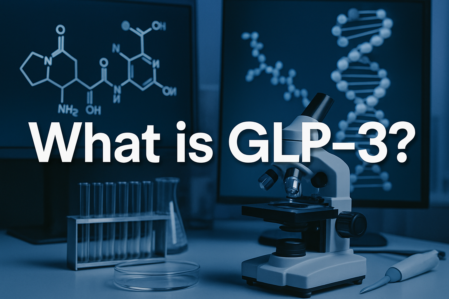 Professional landscape hero image (1536x1024) featuring bold text overlay 'What is GLP-3?' in extra large 72pt white sans-serif font with da