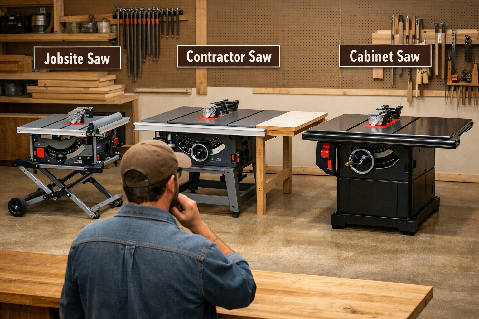 () image depicting three distinct types of table saws: a compact jobsite saw on a stand, a larger contractor saw with an