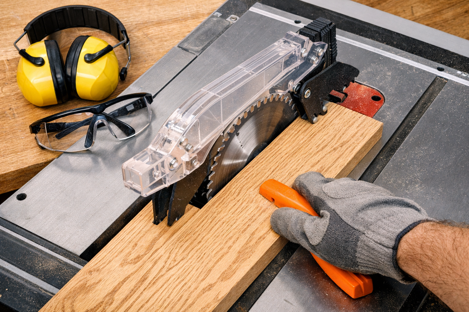 () image focusing on essential table saw safety features in action: a clear overhead view showing a blade guard in place, a