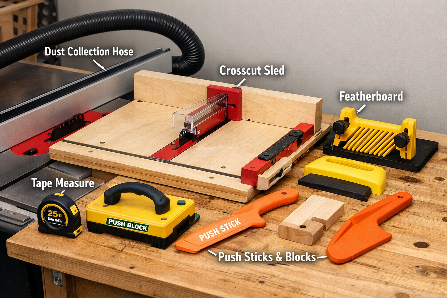 () image showcasing a collection of essential table saw accessories neatly arranged on a workbench next to a table saw. This