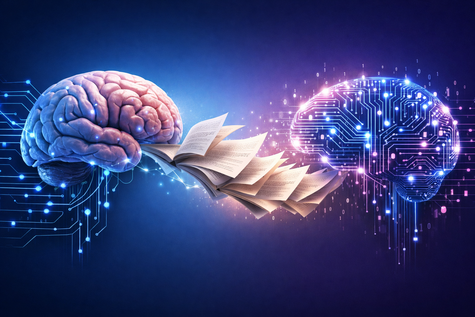 () conceptual illustration showing a human brain connected to AI circuits, with book pages flowing between them,