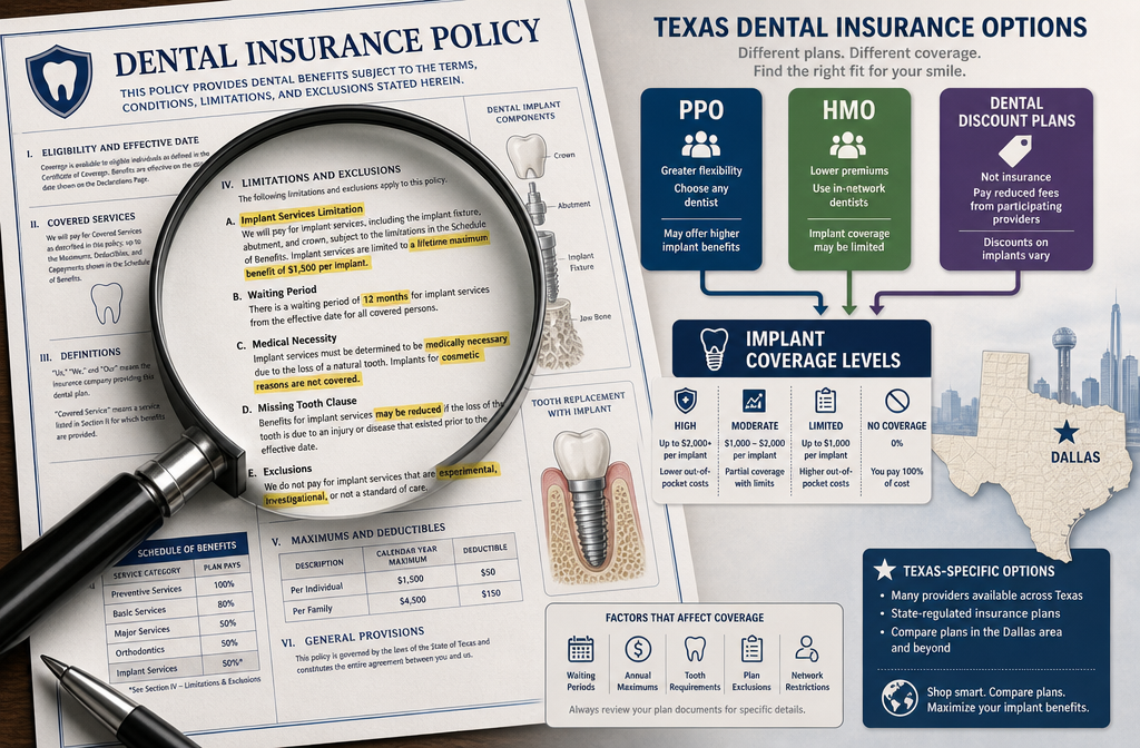 () editorial image illustrating the complexity of dental insurance policies for implants. The image features a magnifying