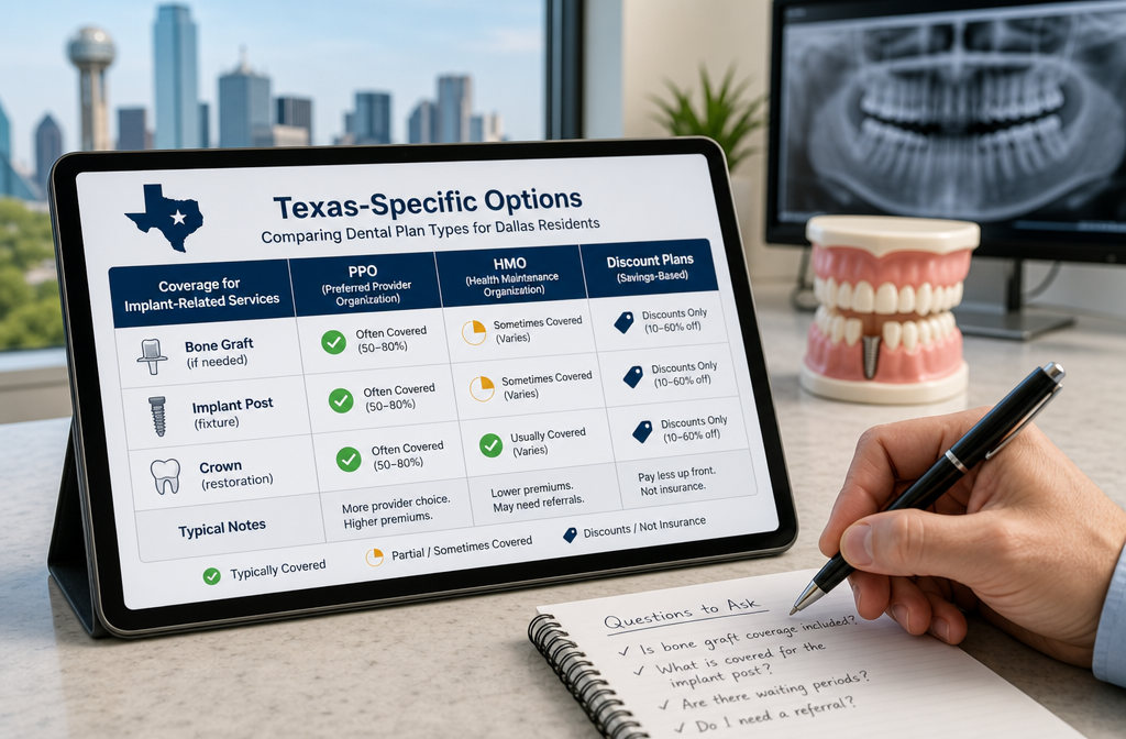 () educational image showcasing a comparison table on a digital tablet screen, contrasting different types of dental plans