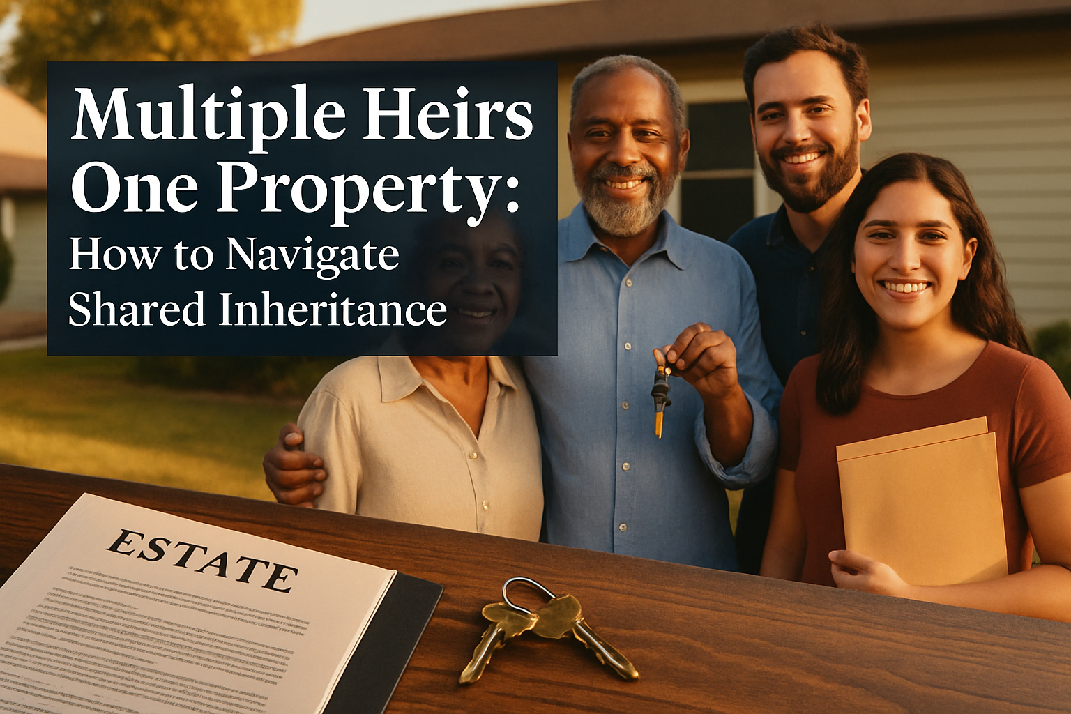 Professional landscape hero image (1536x1024) featuring bold text overlay 'Multiple Heirs One Property: How to Navigate Shared Inheritance'