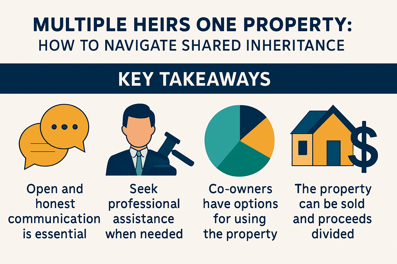 Professional landscape infographic (1536x1024) for article "Multiple Heirs One Property: How to Navigate Shared Inheritance", section: "Key