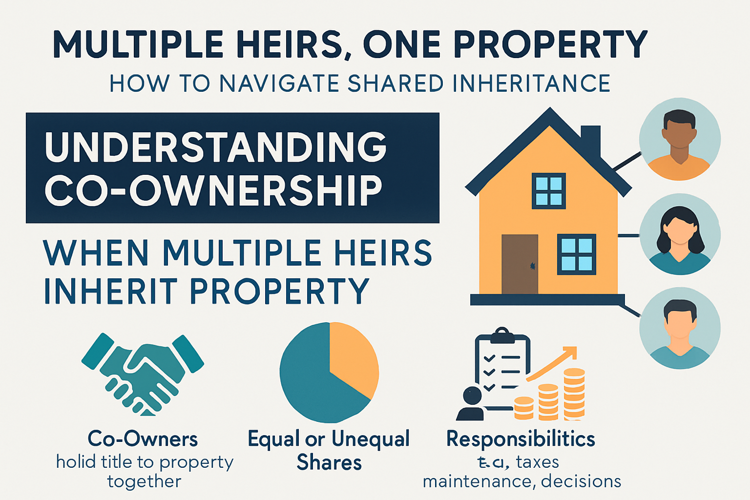Professional landscape infographic (1536x1024) for article "Multiple Heirs One Property: How to Navigate Shared Inheritance", section: "Unde