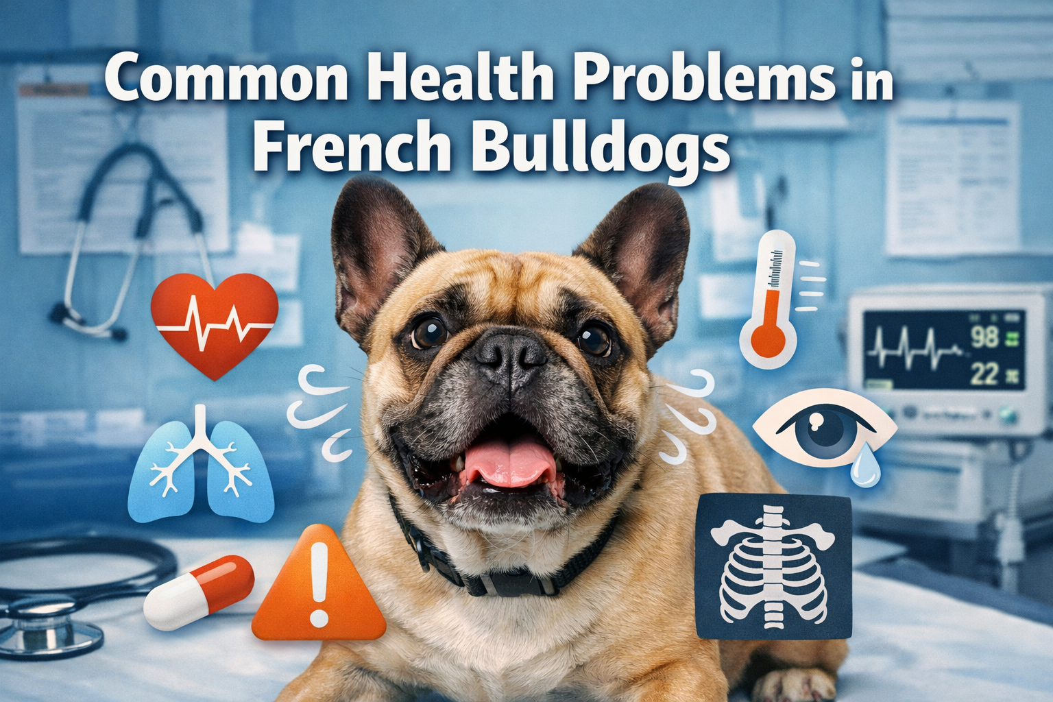 Professional landscape format (1536x1024) hero image featuring a concerned-looking French Bulldog with visible health indicators like breath
