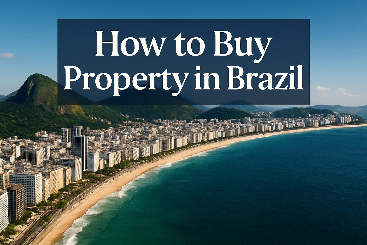 Professional landscape hero image (1536x1024) featuring bold text overlay 'How to Buy Property in Brazil' in extra large 72pt white sans-ser