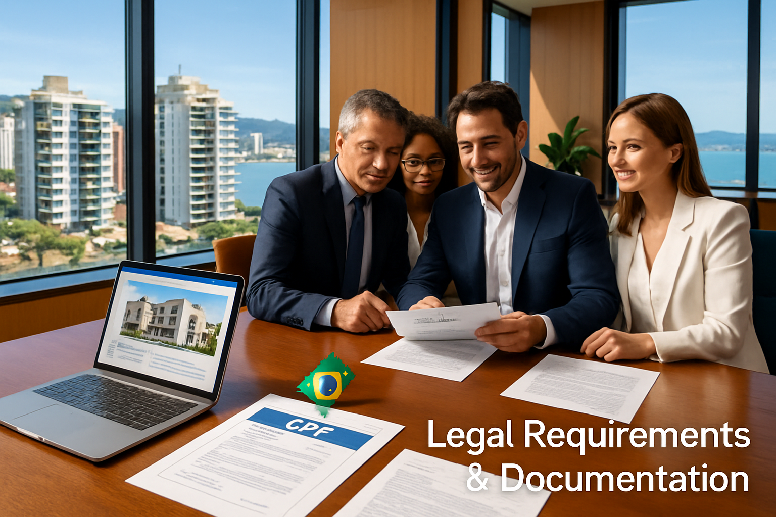 Detailed landscape editorial image (1536x1024) showing professional business meeting scene in modern Brazilian real estate office with large