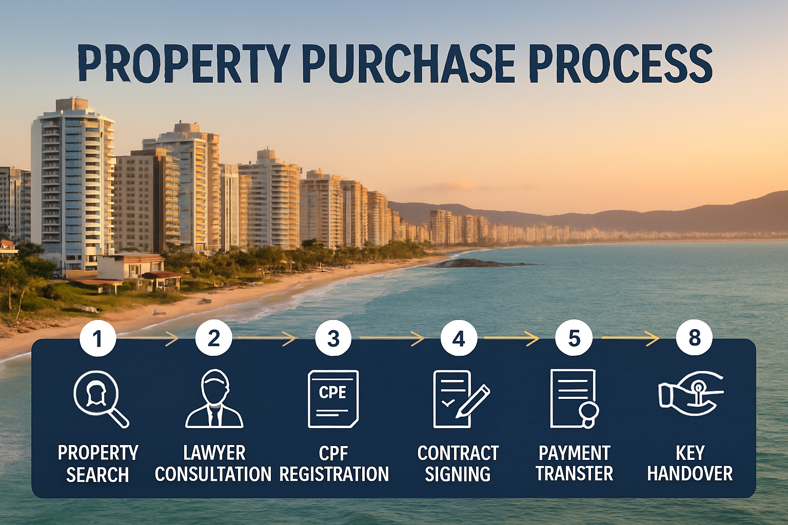 Detailed landscape editorial image (1536x1024) depicting step-by-step property purchase process visualization as modern infographic overlay