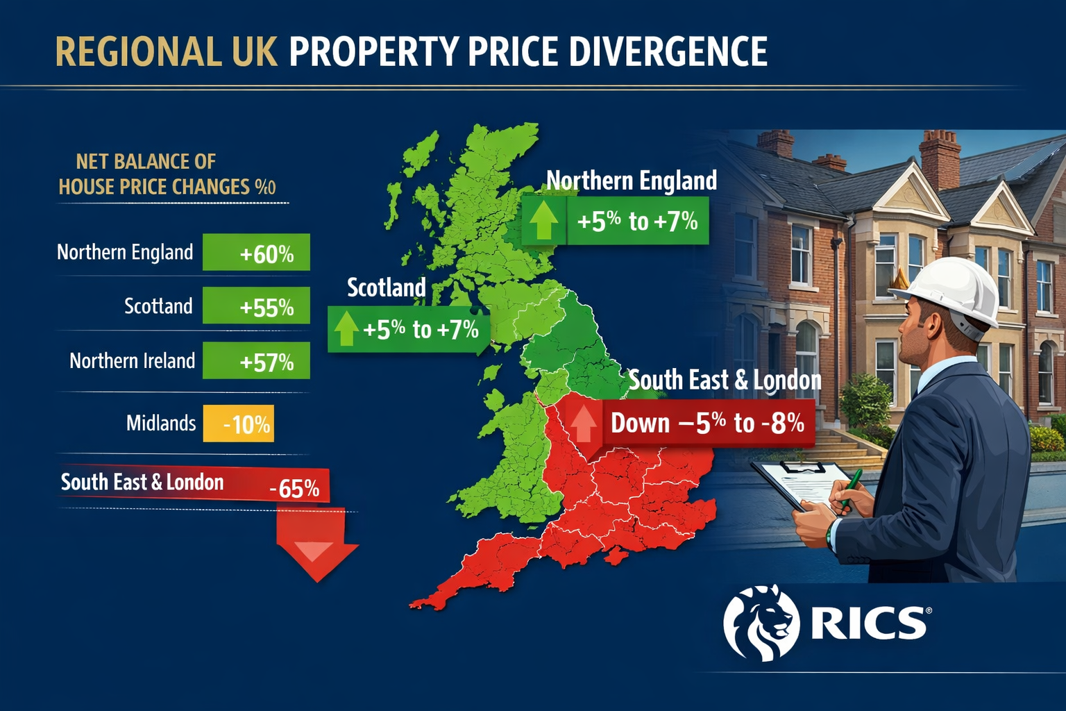 Landscape format (1536x1024) detailed infographic showing regional UK property price divergence map with Northern England, Scotland, and Nor