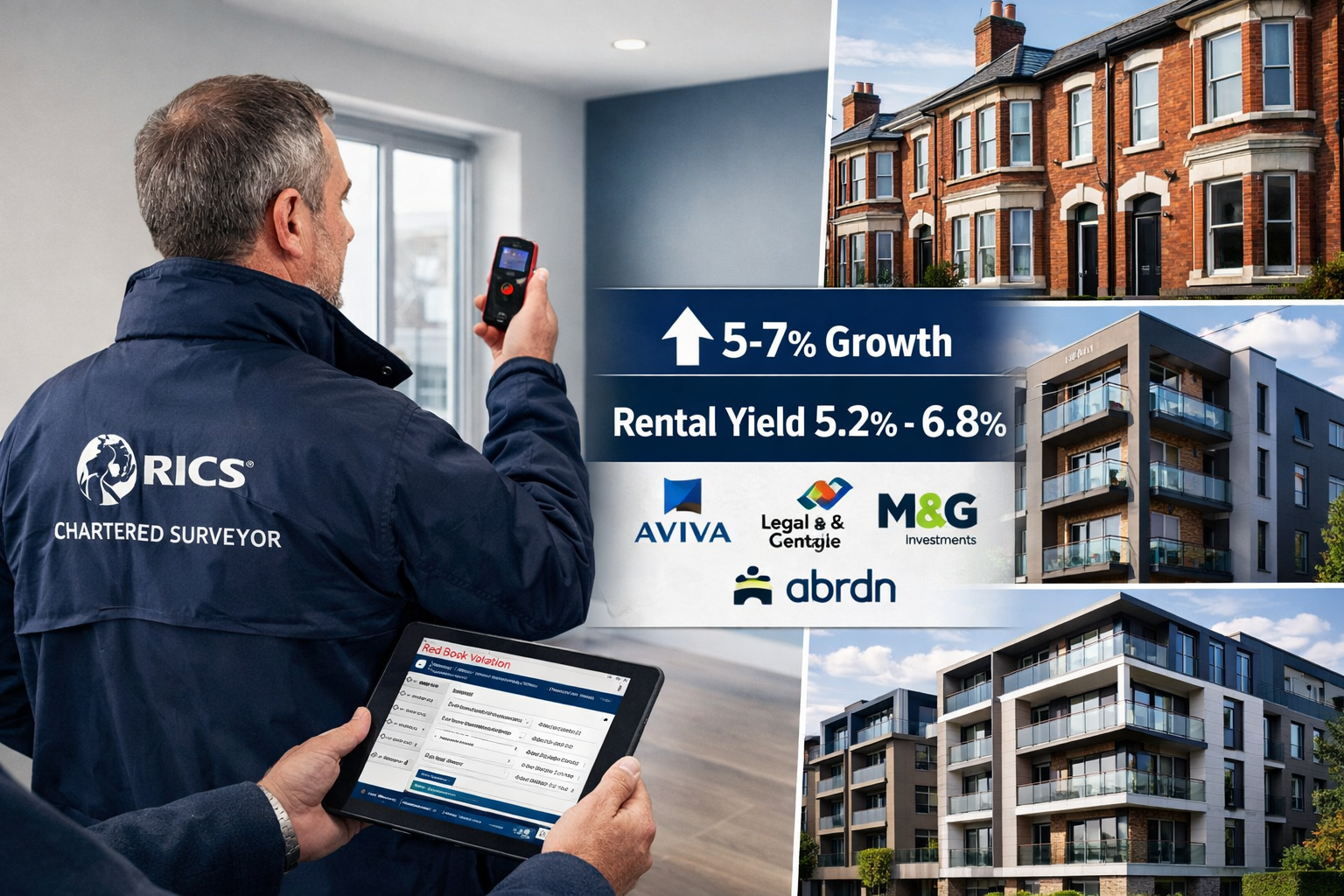 Landscape format (1536x1024) professional composition showing RICS chartered surveyor conducting property valuation in modern Northern Engla