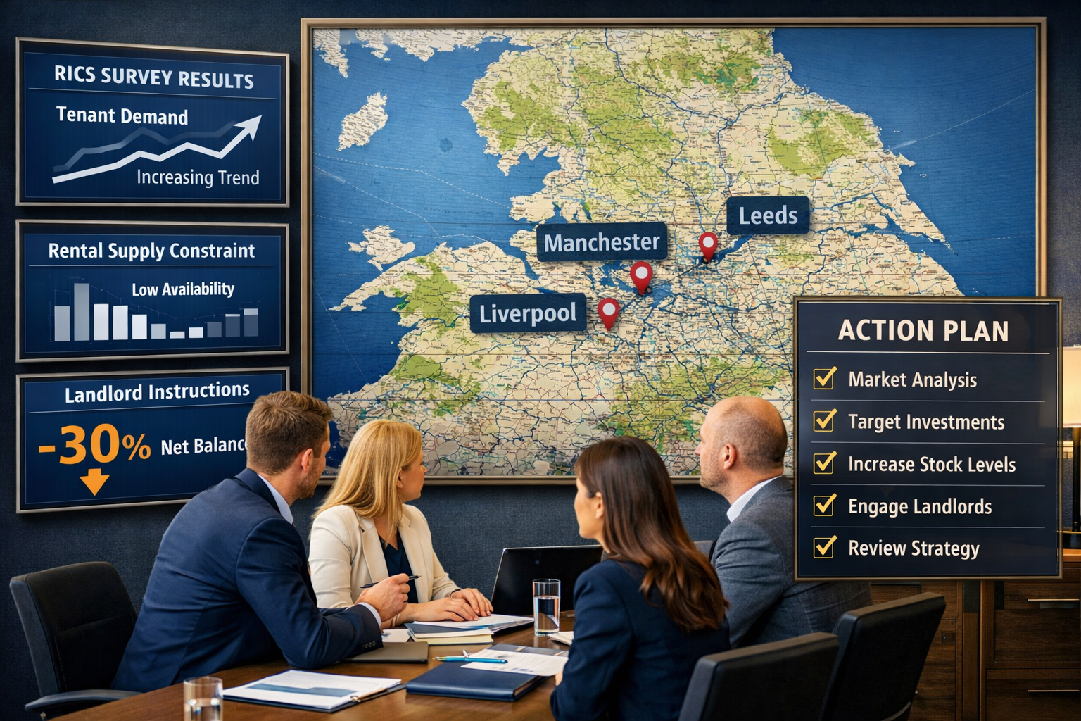 Landscape format (1536x1024) strategic planning visualization featuring large wall-mounted regional map of Northern England with Manchester,