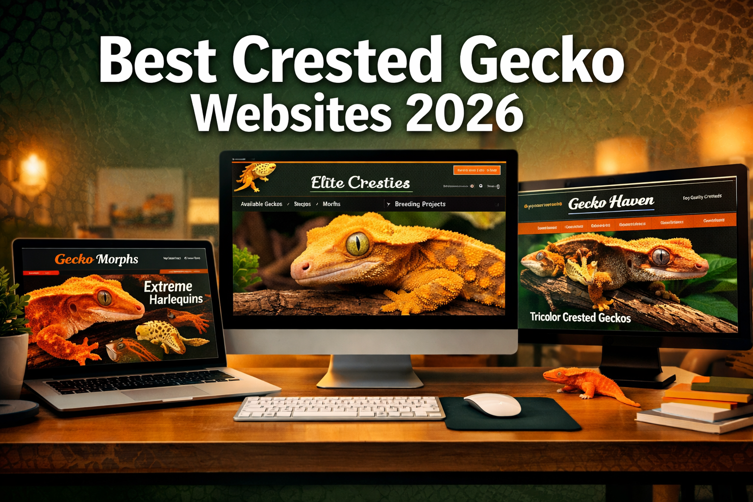 Professional landscape format (1536x1024) hero image featuring bold text overlay 'Best Crested Gecko Websites 2026' in extra large 72pt whit