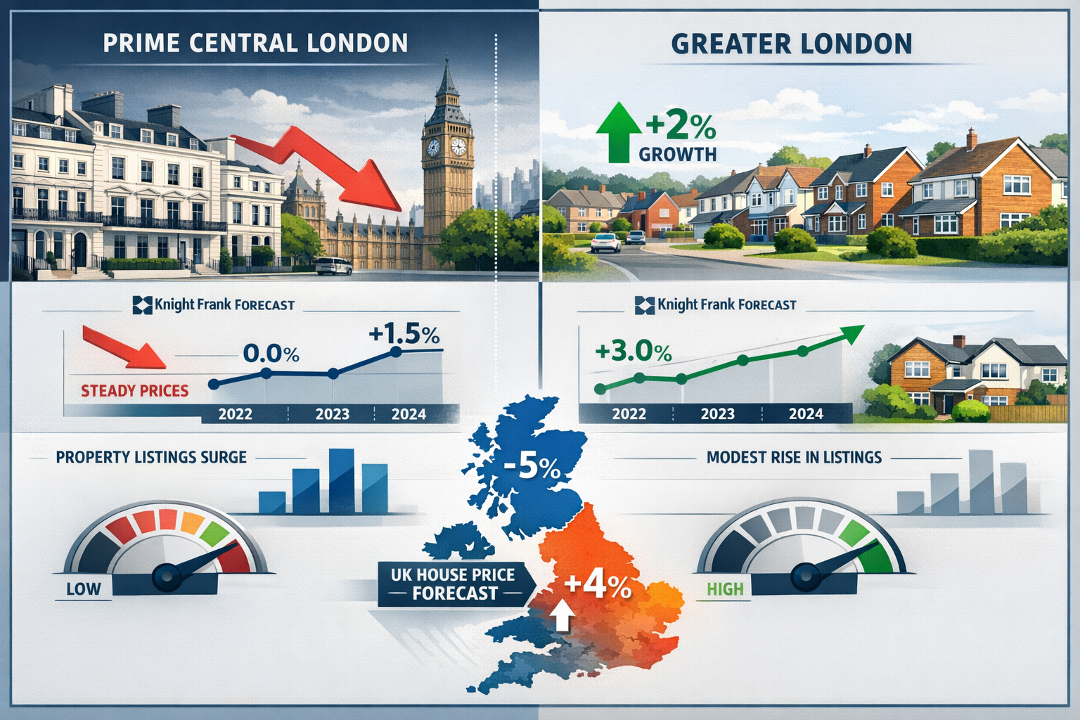Landscape format (1536x1024) visual representation of prime London property market slowdown featuring split-screen comparison: left side sho