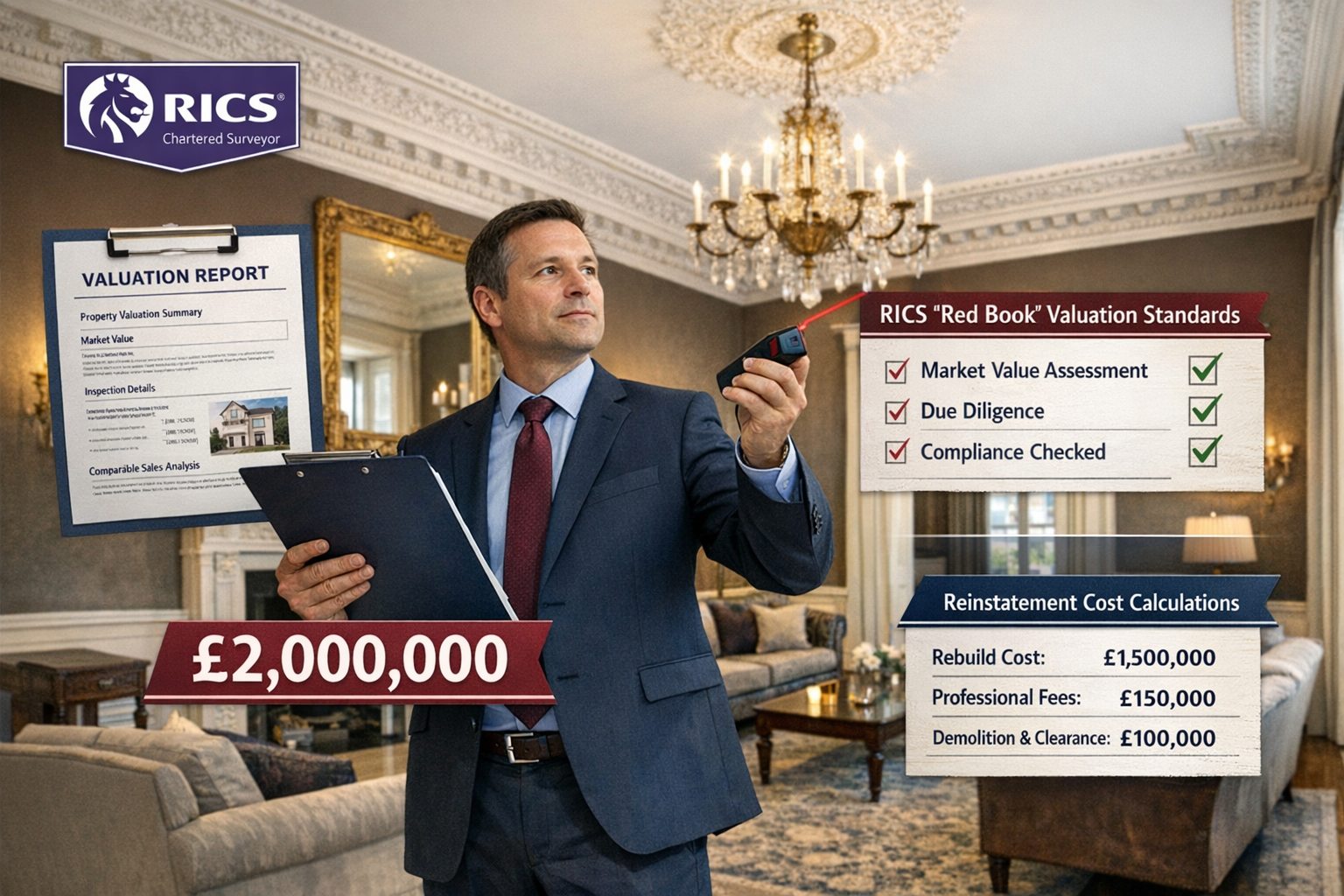Landscape format (1536x1024) comprehensive surveyor conducting property valuation scene showing professional chartered surveyor with clipboa