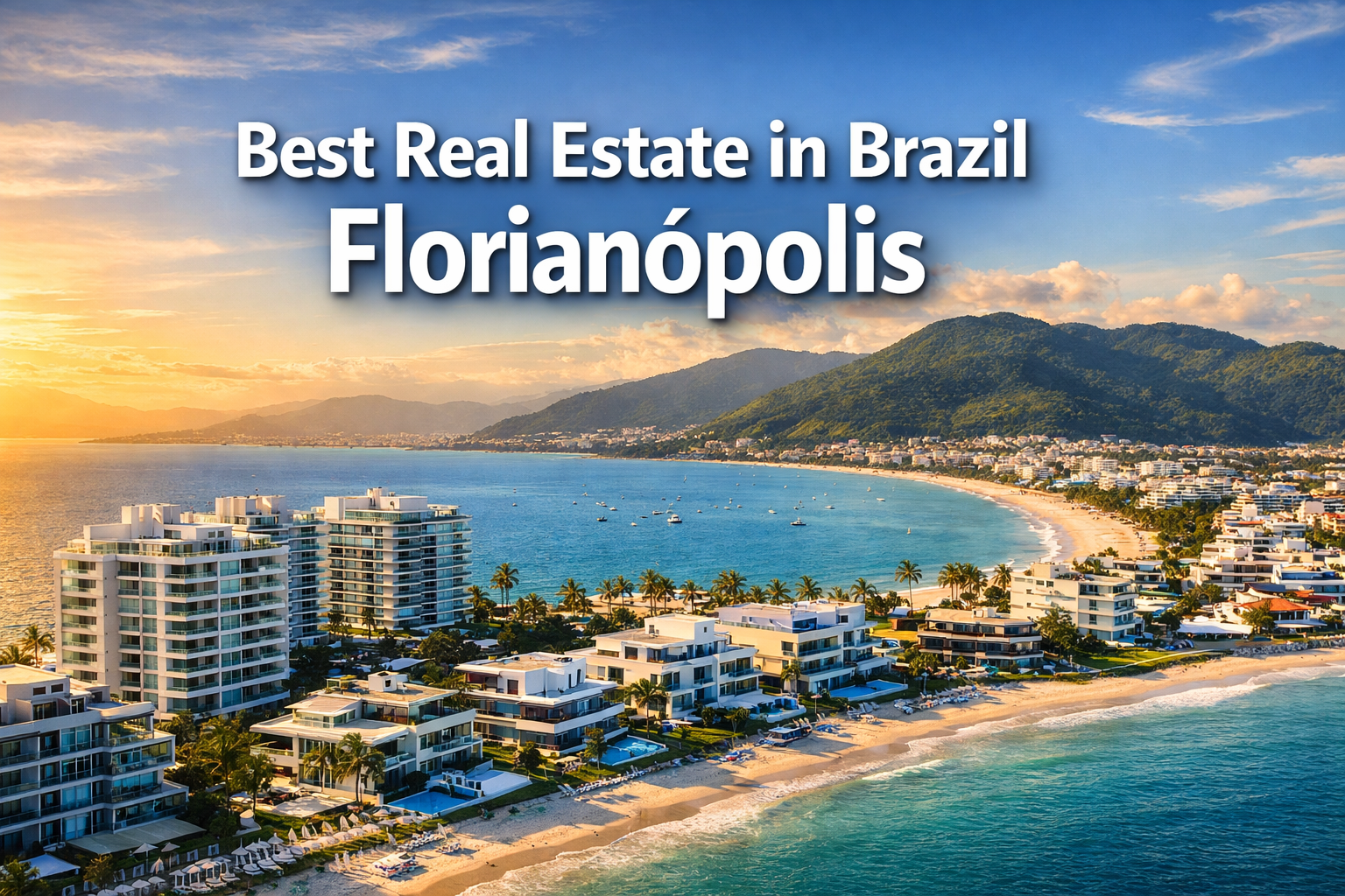 Professional landscape format (1536x1024) hero image featuring bold text overlay 'Best Real Estate in Brazil Florianópolis' in extra large 7