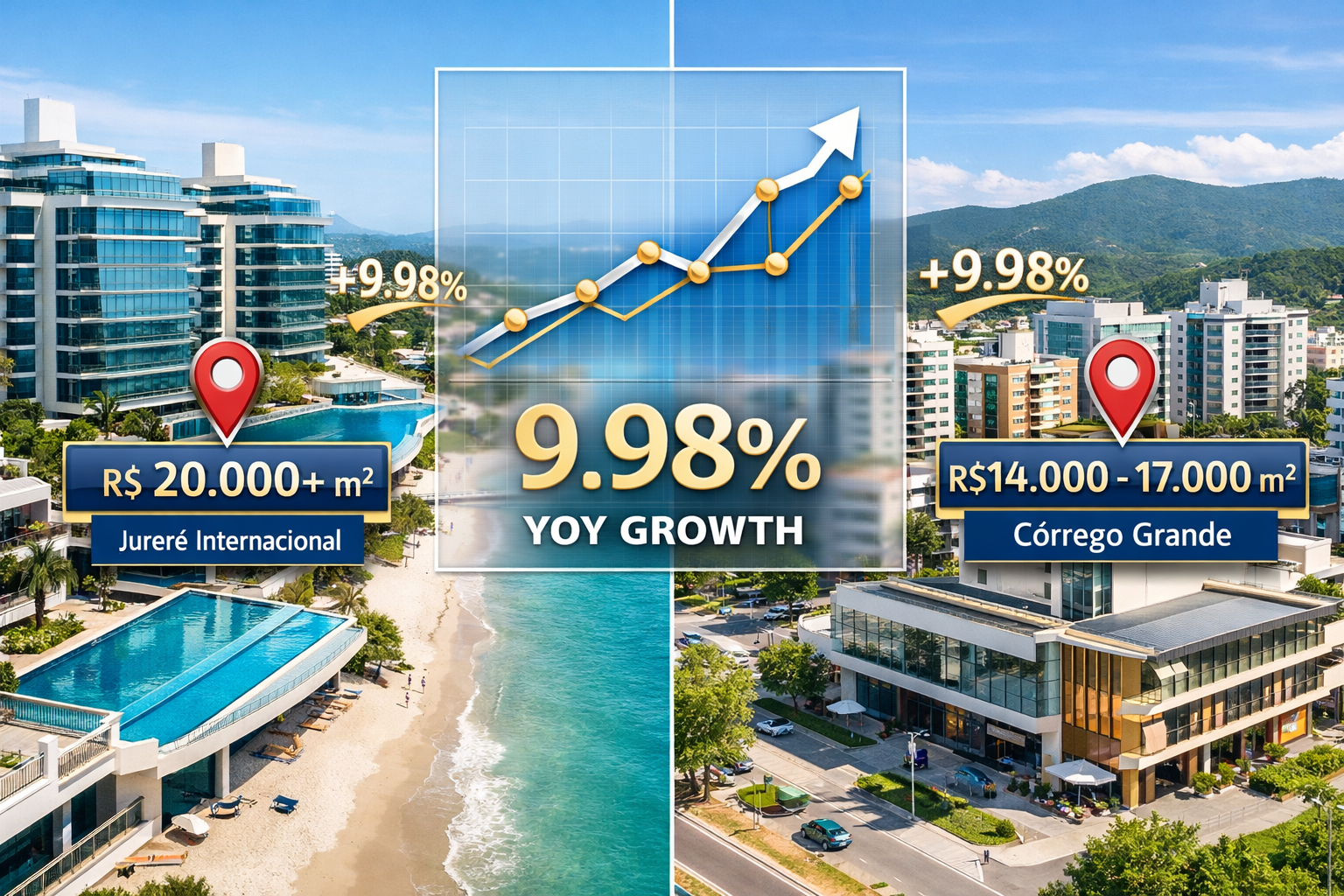 Detailed landscape format (1536x1024) image showing split-screen comparison of Florianópolis neighborhoods with real estate price data overl