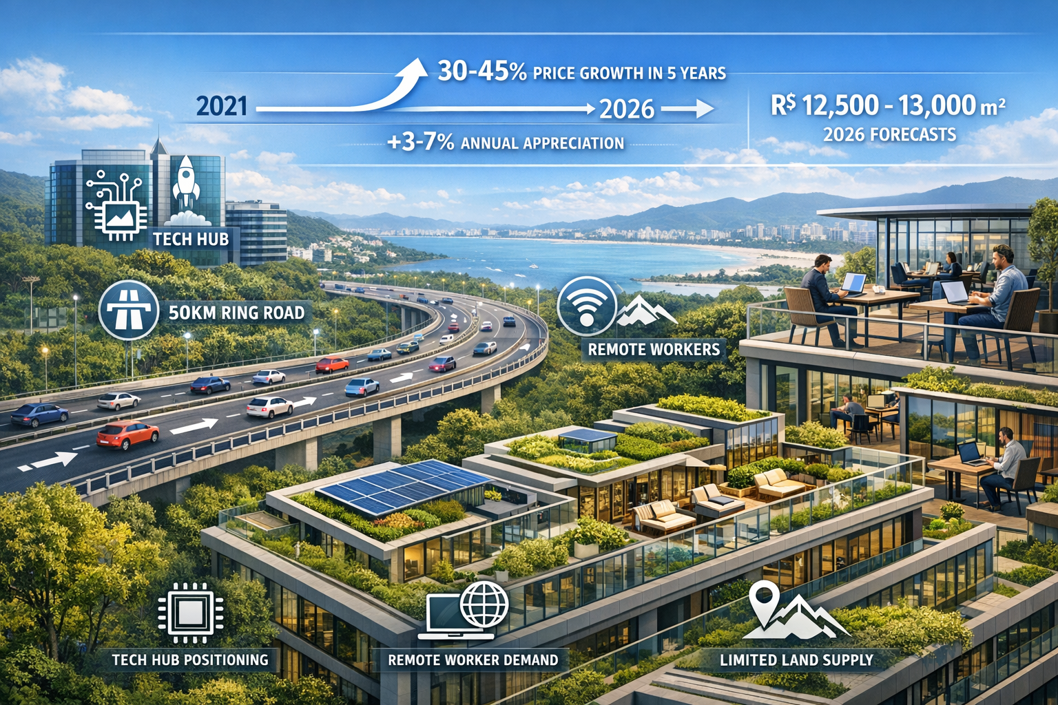Detailed landscape format (1536x1024) image depicting Florianópolis investment opportunity timeline and future projections. Foreground shows