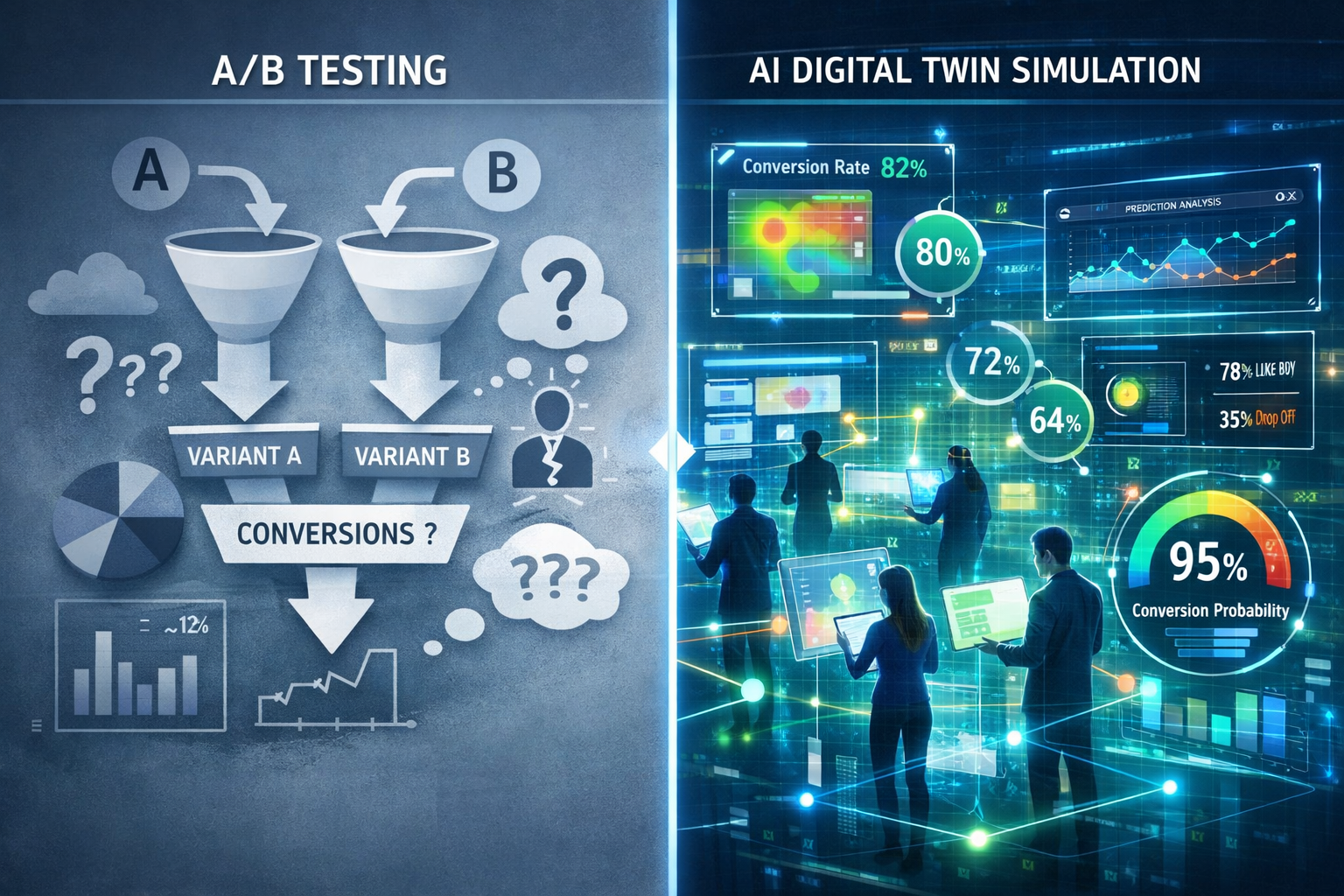 () detailed visualization showing split-screen comparison of traditional A/B testing versus AI digital twin simulation. Left