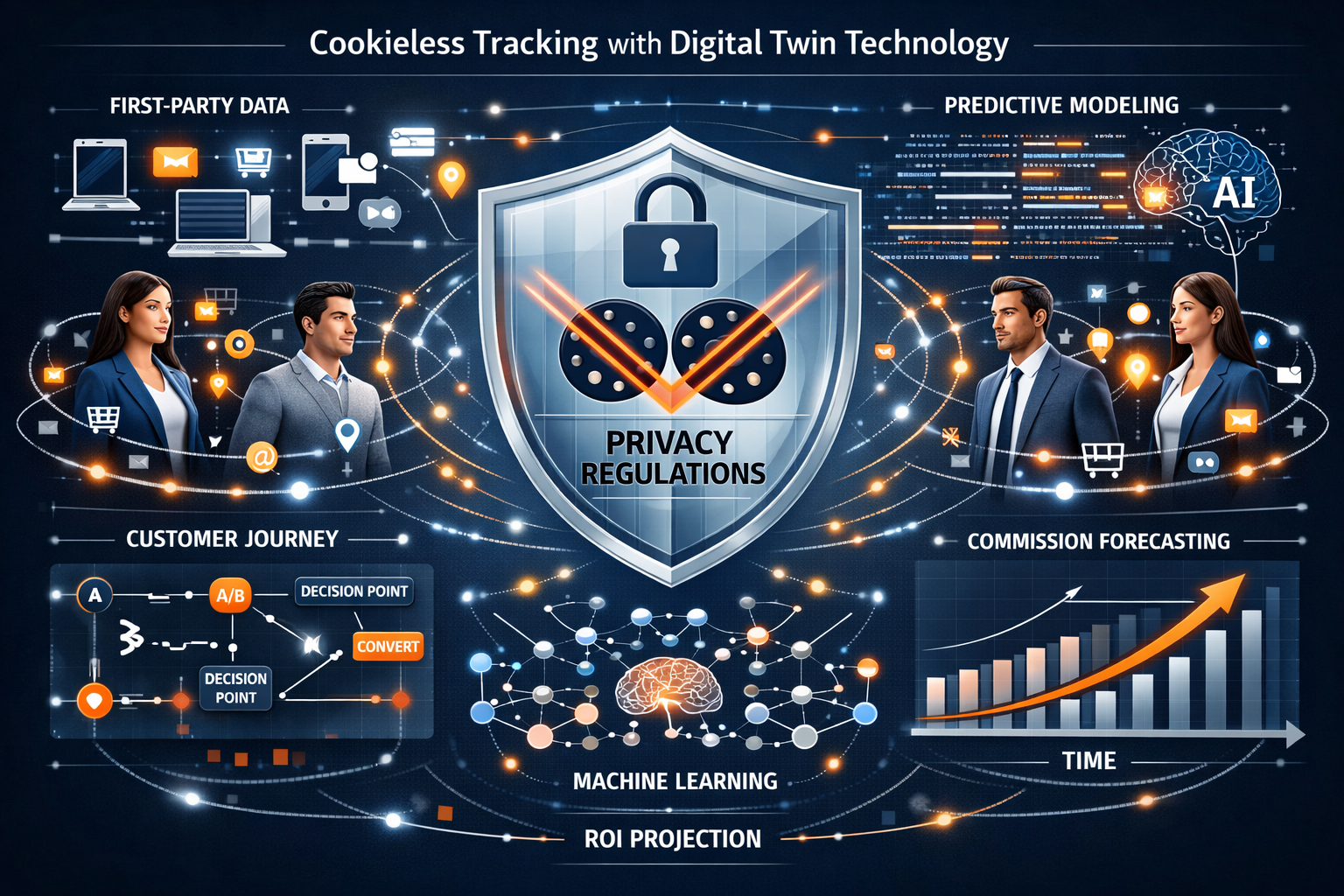 () comprehensive infographic illustrating cookieless tracking environment with digital twin technology solution. Center