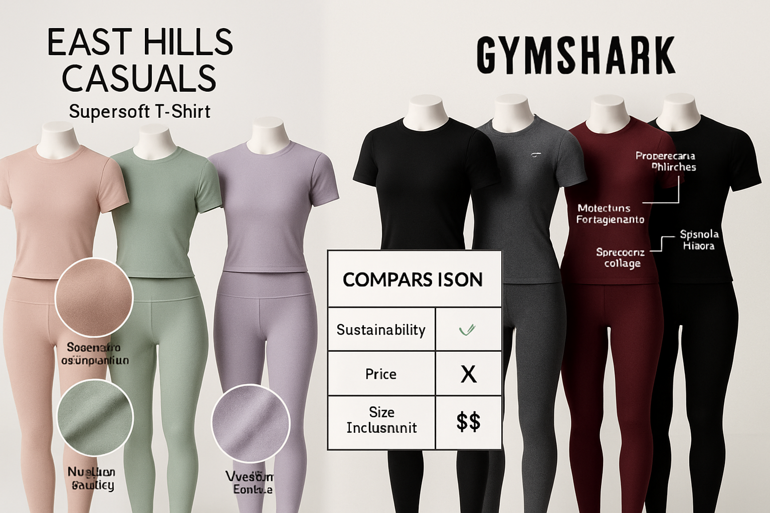 Editorial landscape image (1536x1024) showing detailed comparison layout of workout outfit sets from both brands. Left panel displays East H