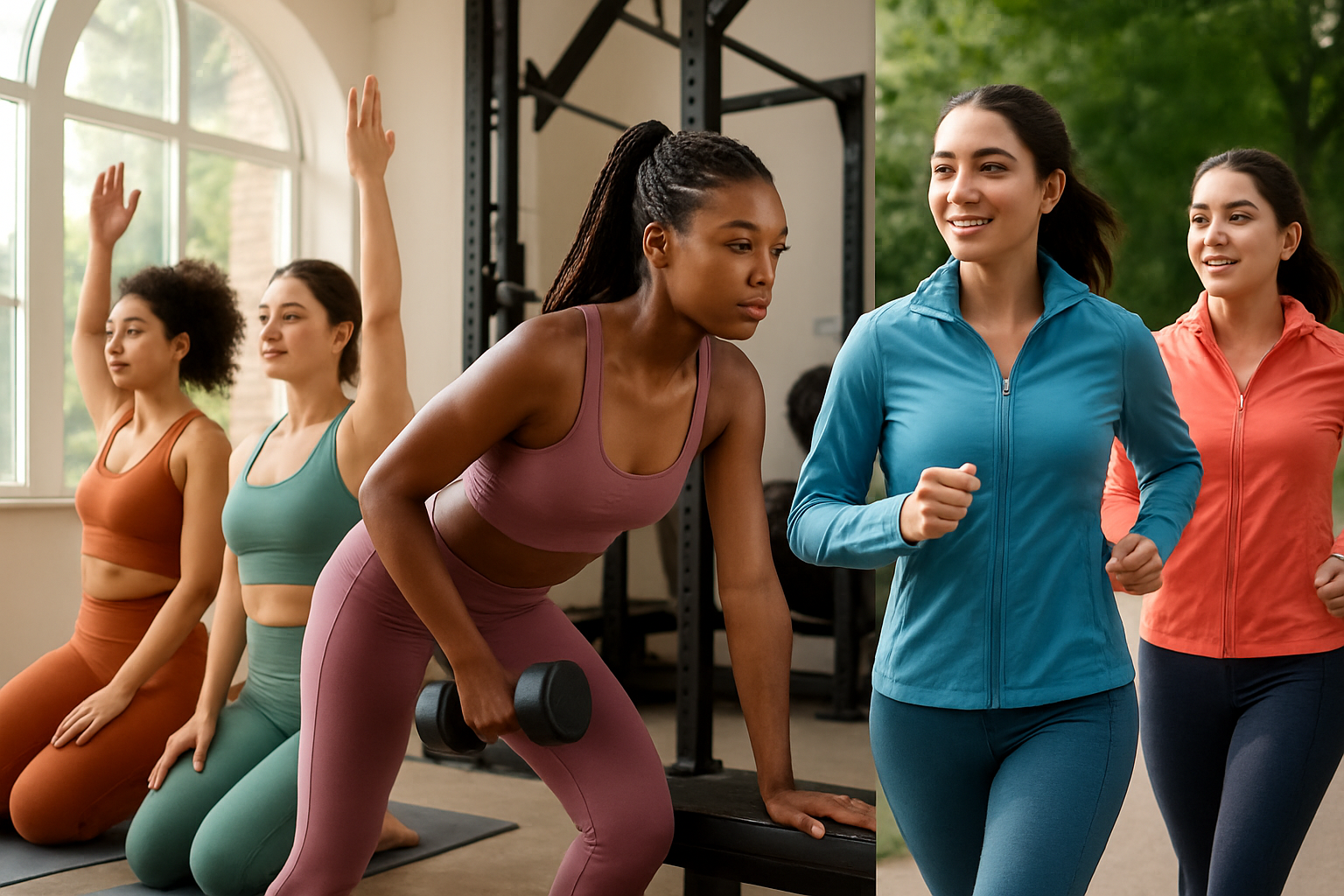 Vibrant lifestyle landscape image (1536x1024) featuring diverse young women and teen girls wearing best two-piece workout sets and women's w