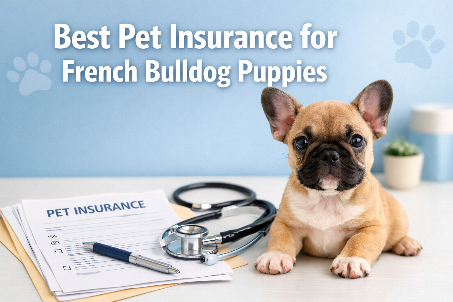 Professional landscape format (1536x1024) hero image with bold text overlay 'Best Pet Insurance for French Bulldogs Puppies' in extra large 