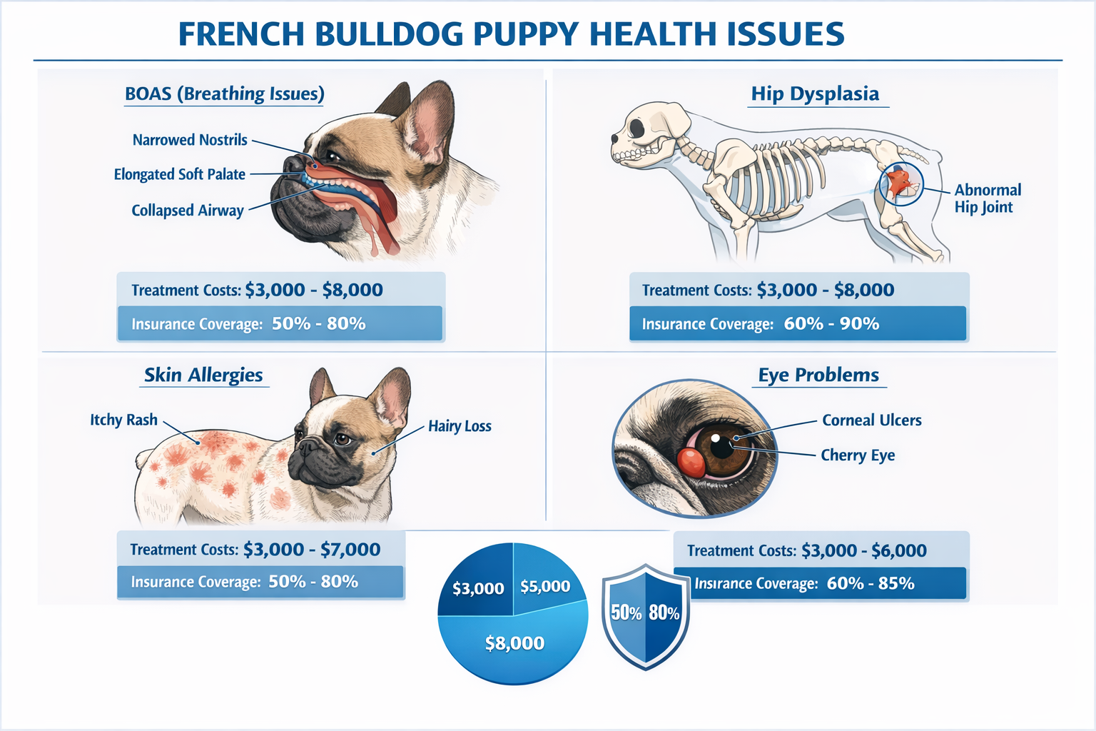 Landscape format (1536x1024) image showing French Bulldog puppy health conditions infographic with icons representing BOAS breathing issues,