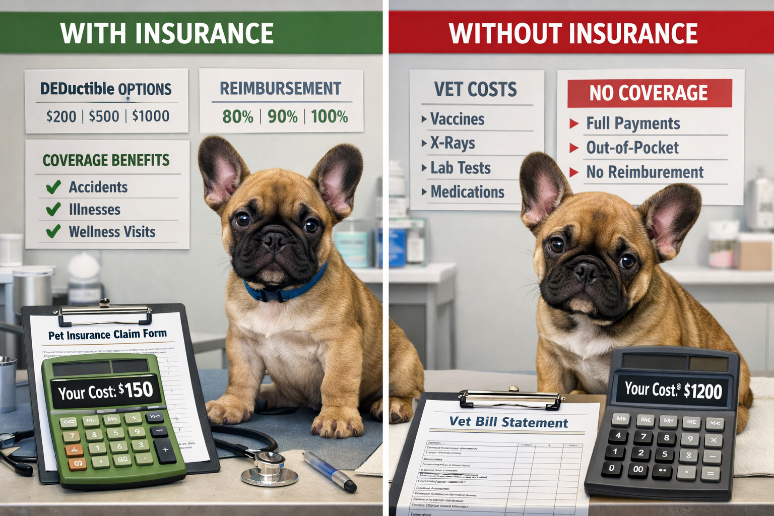 Landscape format (1536x1024) image of French Bulldog puppy at veterinary clinic with insurance claim forms and calculator showing cost savin
