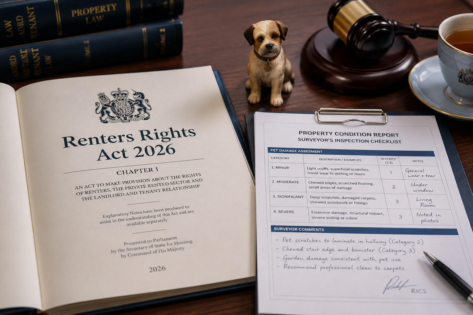 Wide-angle editorial photograph () of a formal UK legal document titled 'Renters Rights Act 2026' open on a mahogany desk