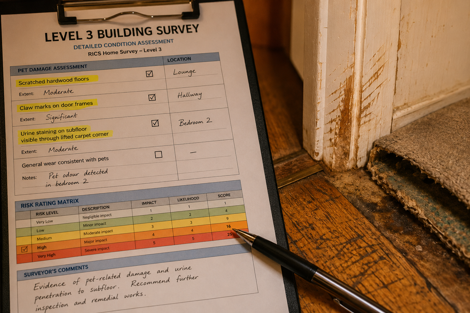 Close-up editorial image () showing a Level 3 building survey checklist on a clipboard with highlighted sections for pet