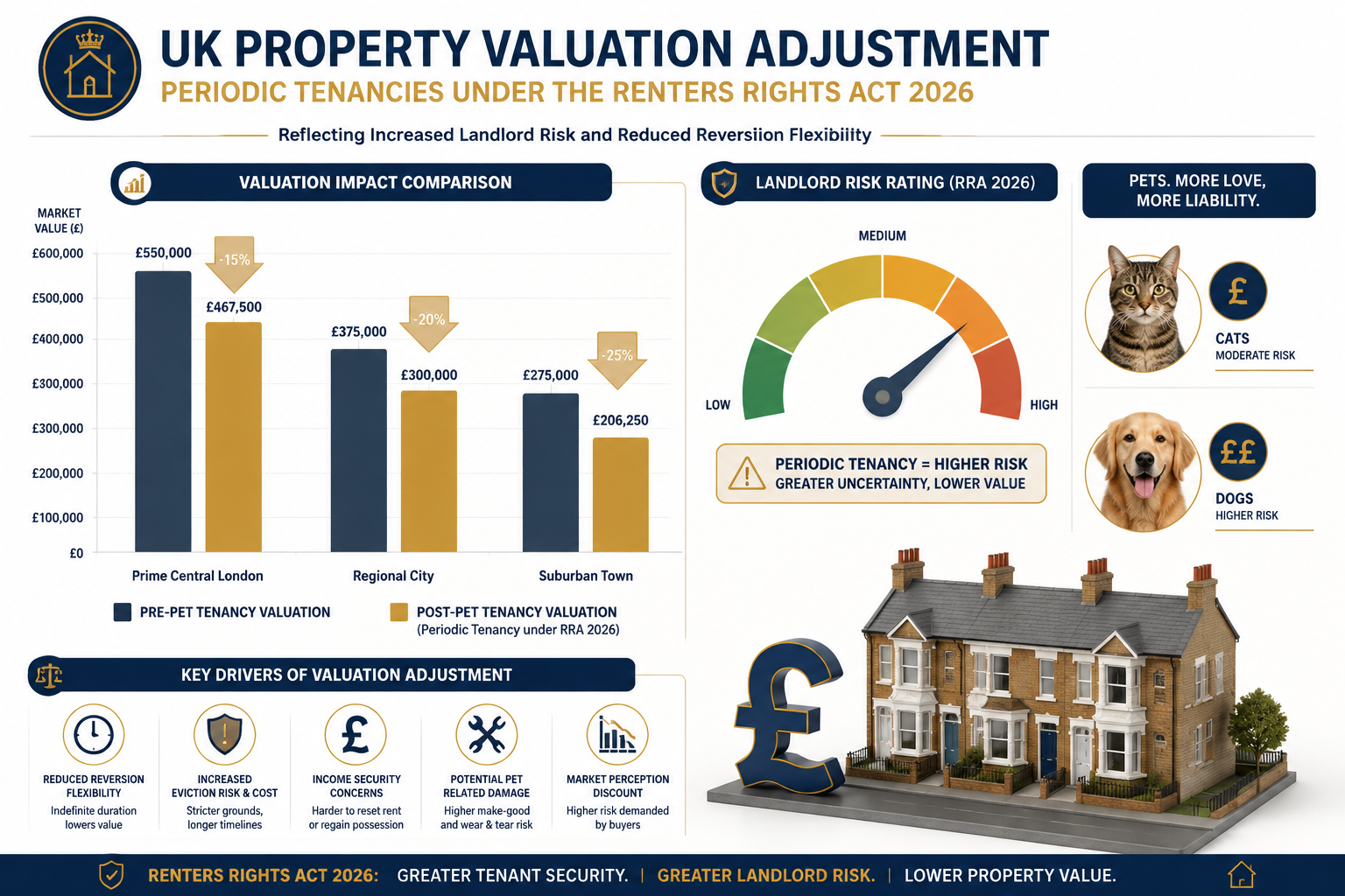 Infographic-style editorial image () depicting a UK property valuation adjustment diagram for periodic tenancies under the