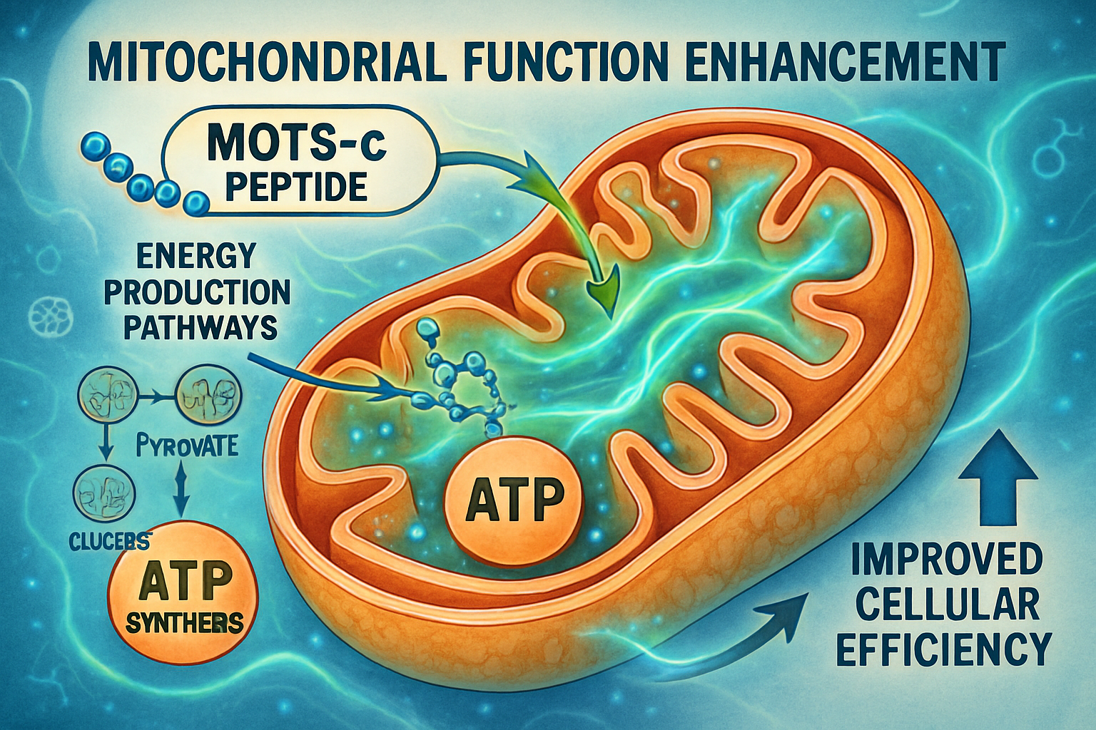 Scientific illustration showing mitochondrial function enhancement with MOTS-C peptide interaction, featuring detailed cellular cross-sectio