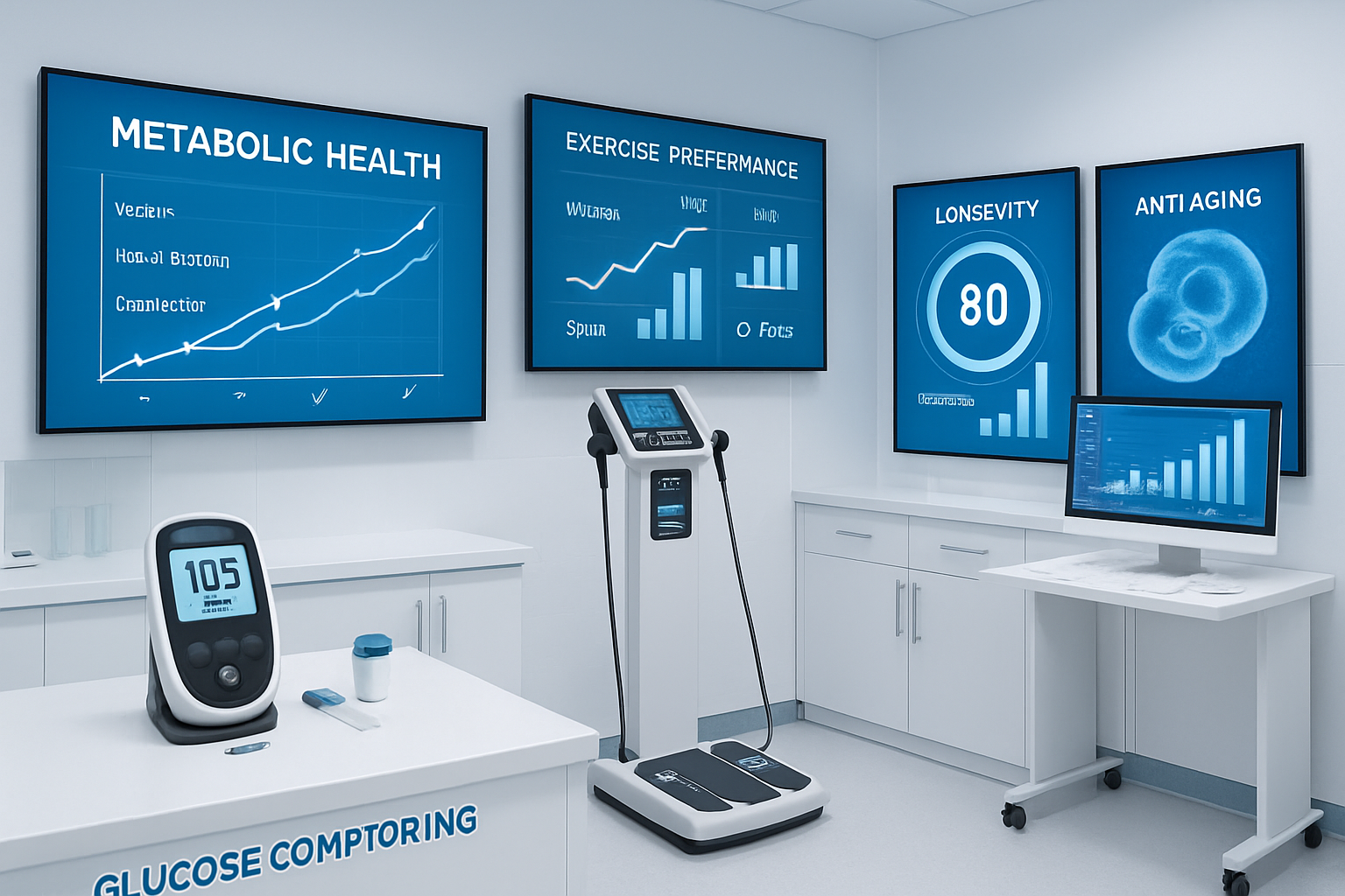 Research laboratory setting with metabolic health assessment tools, including glucose monitoring devices, body composition scanners, exercis