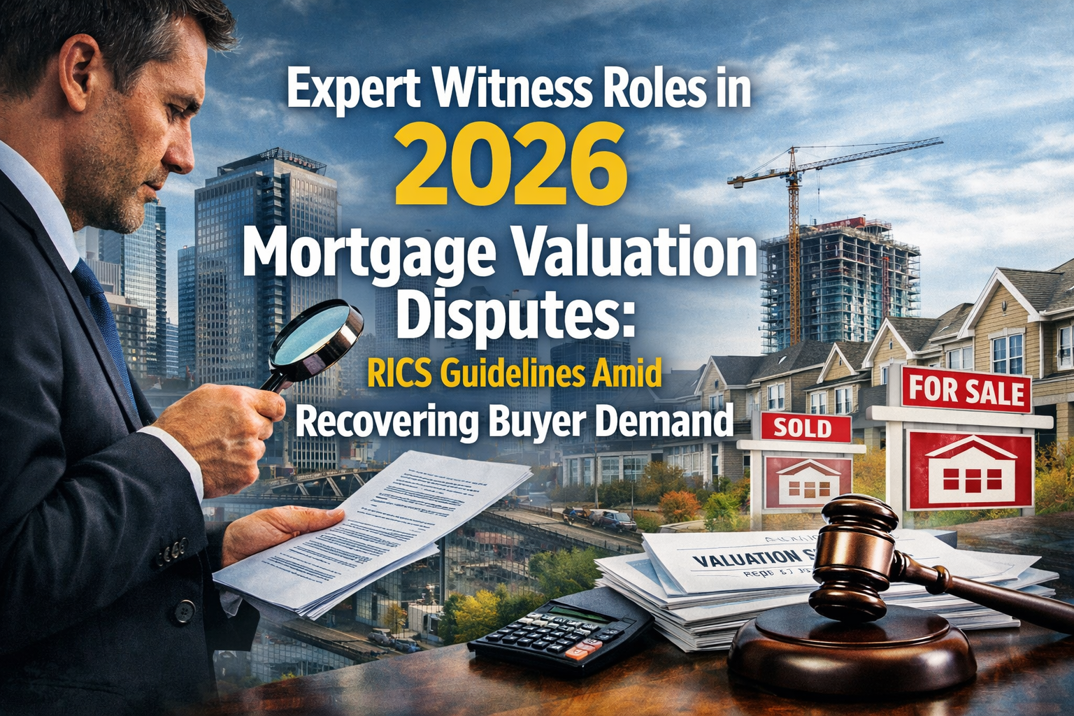 Professional landscape hero image (1536x1024) with bold text overlay: "Expert Witness Roles in 2026 Mortgage Valuation Disputes: RICS Guidel