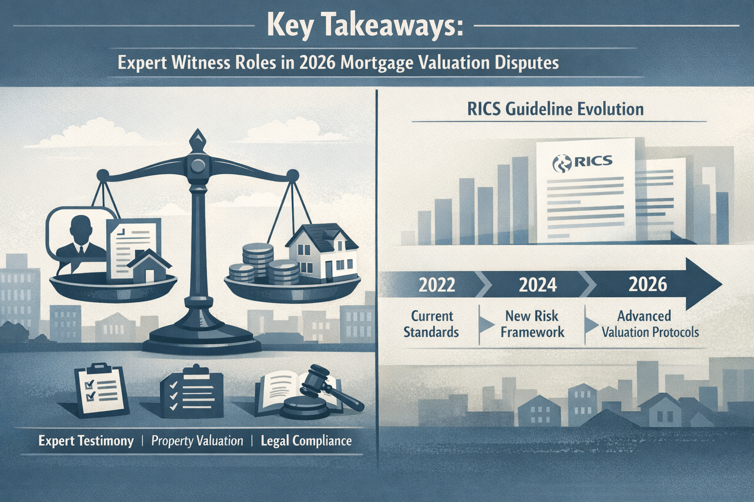 Conceptual editorial infographic visualizing 'Key Takeaways' for Expert Witness Roles in 2026 Mortgage Valuation Disputes. Split-screen layo