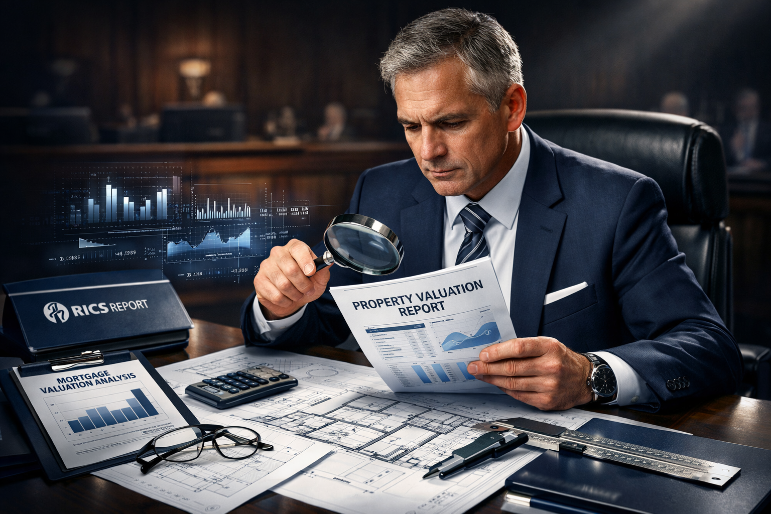 Detailed professional illustration depicting an expert witness analyzing property valuation documents. Central figure wearing business profe