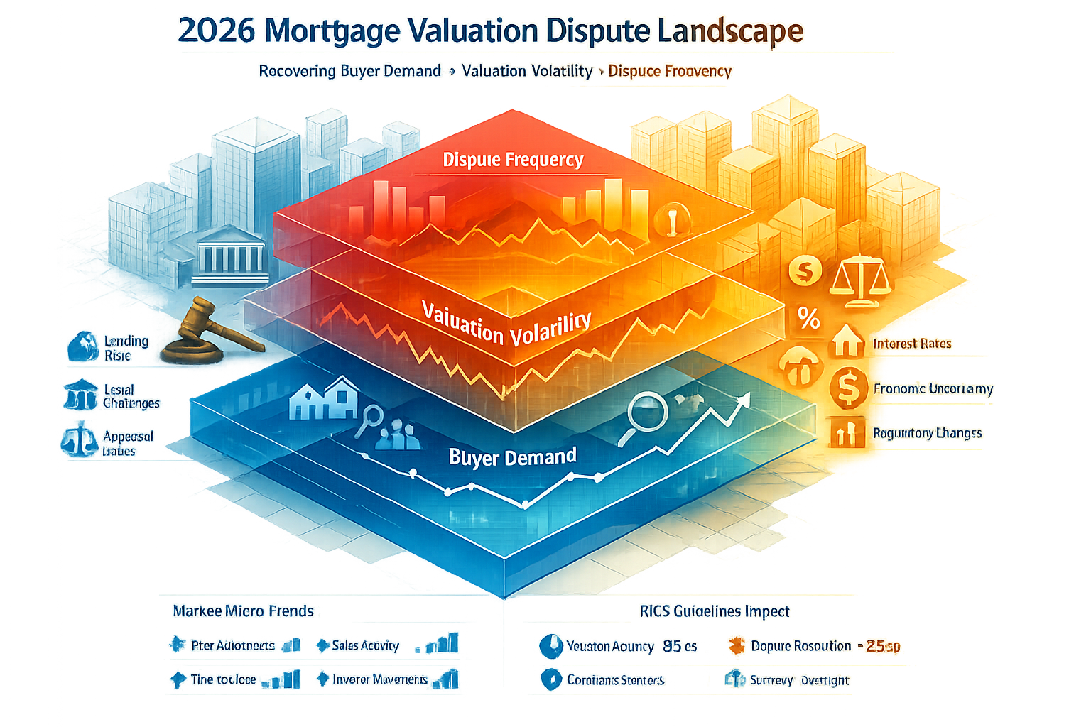 Comprehensive market dynamics infographic representing 2026 mortgage valuation dispute landscape. Layered data visualization showing recover