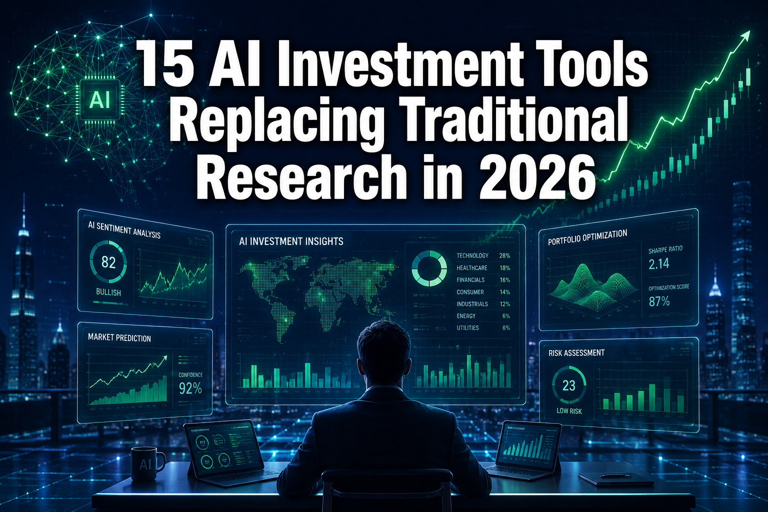 Professional () hero image with : '15 AI Investment Tools Replacing Traditional Research in 2026' in extra large white with