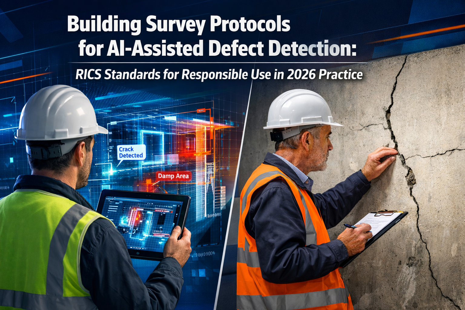 Professional () hero image featuring 'Building Survey Protocols for AI-Assisted Defect Detection: RICS Standards for