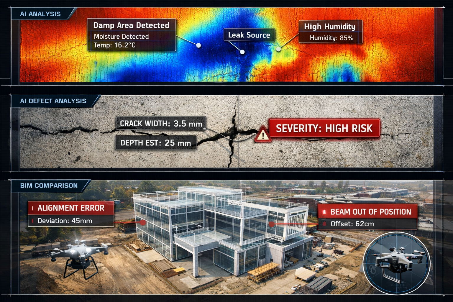 () technical illustration showing AI defect detection in action across three building scenarios in horizontal panels. Top