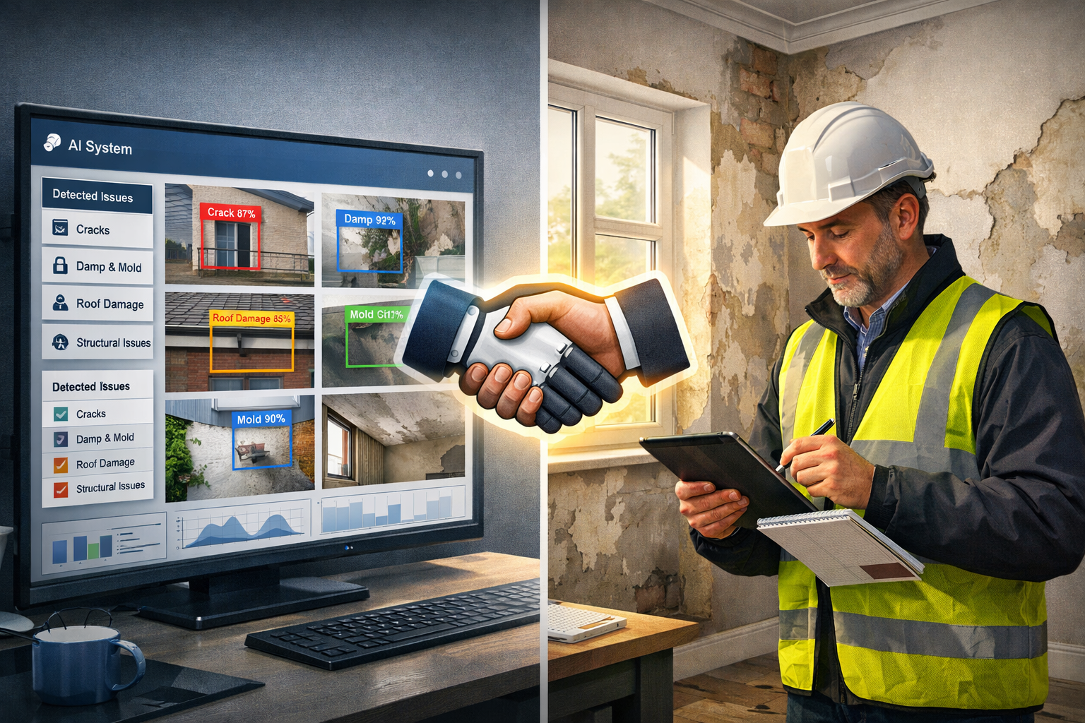 () conceptual split illustration demonstrating human-AI collaboration in building surveys. Left side shows AI system