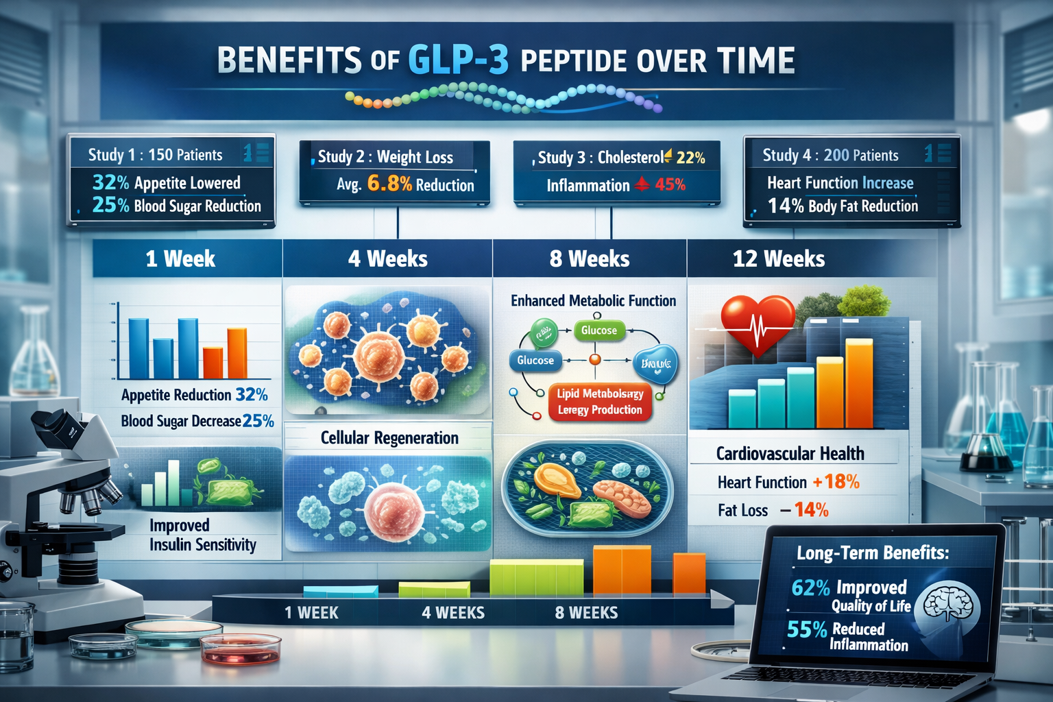 Research data visualization showing GLP-3 peptide benefits timeline with bar charts, cellular regeneration graphics, metabolic pathway diagr