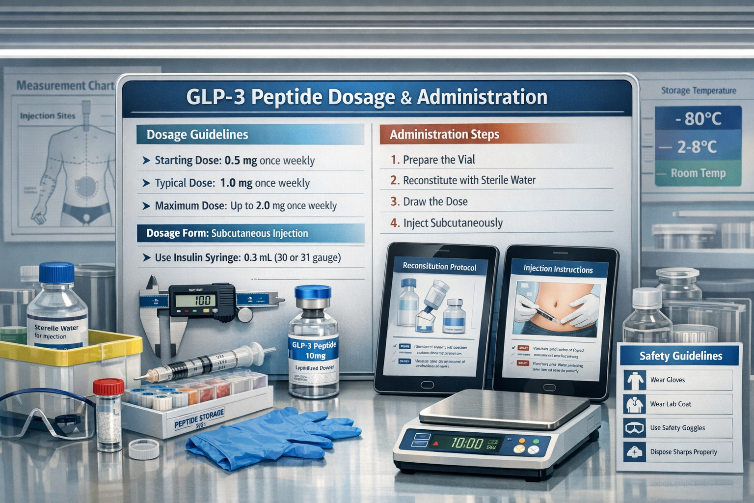 GLP-3 peptide dosage and administration infographic with measurement tools, research vials, scientific protocols displayed on tablets, labor