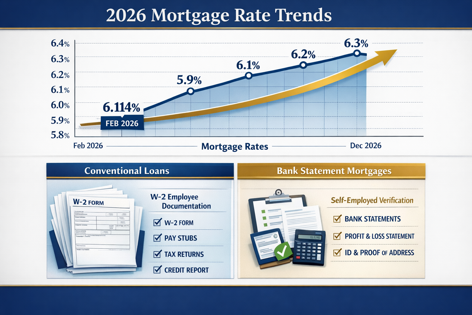 Detailed landscape format (1536x1024) infographic showing 2026 mortgage rate trends with line graph displaying 5.9% to 6.3% range, upward tr