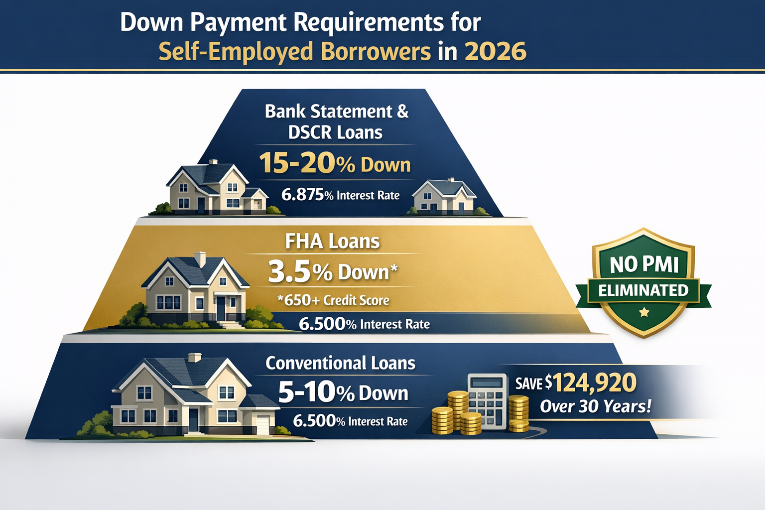 Detailed landscape format (1536x1024) tiered pyramid infographic showing down payment requirements for self-employed borrowers in 2026, bott