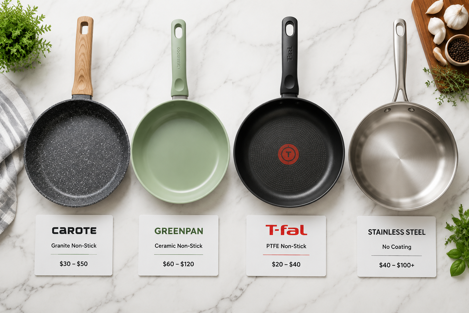 Detailed landscape format (1536x1024) flat-lay comparison photograph on a white marble surface showing four different non-stick pans side by side: Carote granite-speckled pan, a green GreenPan ceramic pan, a black T-fal PTFE pan, and a stainless steel pan. Each pan has a small label card beneath it showing brand name, coating type, and price range. Overhead bird's-eye perspective, even studio lighting, clean editorial product photography aesthetic, cookware comparison focus, sharp detail on coating textures. Carote Cookware Materials Compared to Other Brands