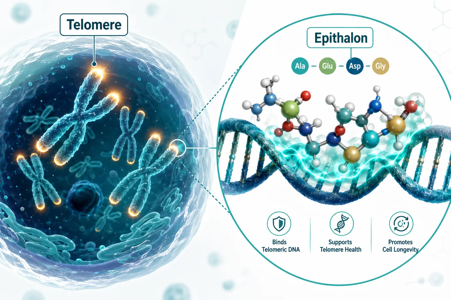 Bright editorial infographic-style landscape (): a split scientific illustration showing a human cell nucleus with glowing